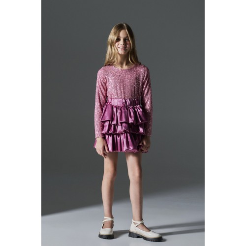 Φόρεμα Παγέτα με Φούστα Σατέν με Βολάν Ροζ (MRW26-1220)