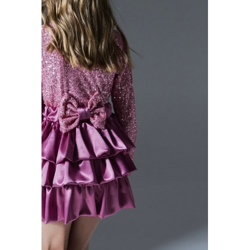 Φόρεμα Παγέτα με Φούστα Σατέν με Βολάν Ροζ (MRW26-1220)