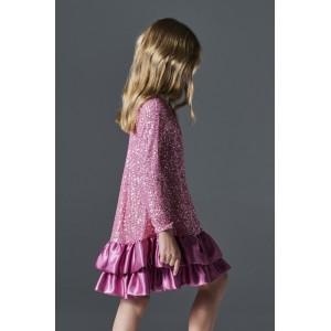 Melin Rose Φόρεμα Παγέτα Ροζ με Βολάν στο Τελείωμα (MRW26-1214)