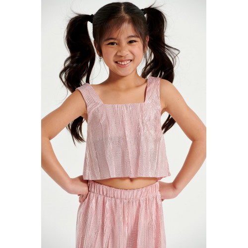 Melin Rose Σετ Ζιπ Κιλότ Crop Top - Foil Πλισέ Ροζ (MRS22-688)
