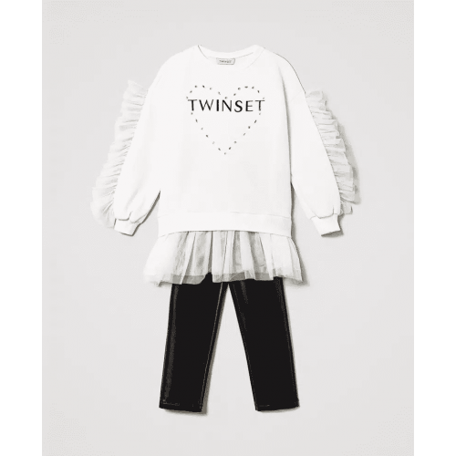 Twinset Σετ Δερμάτινο Παντελόνι με Μπλούζα με Τούλι Λευκή (232GJ2174)